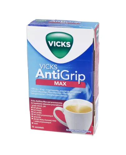 Vicks AntiGrip Max granulat do sporządzania roztworu doustnego, 10 saszetek - w leczeniu objawowym przeziębienia i grypy