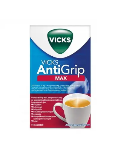 Vicks AntiGrip Max granulat do sporządzania roztworu doustnego, 14 saszetek - W leczeniu objawowym przeziębienia i grypy