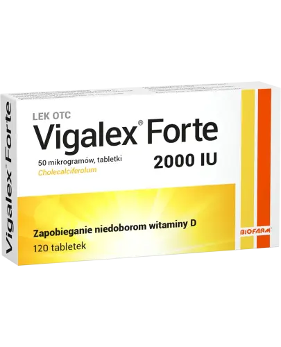 Vigalex Forte 2000 IU, 120 tabletek - Jedna tabletka zawiera 20 mg cholekalcyferolu, proszku, co odpowiada 0,05 mg (2000 IU) cholekalcyferolu (witaminy D3).