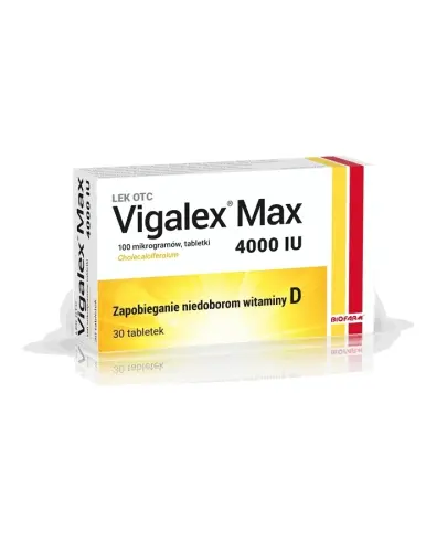 Vigalex Max 4000 IU, 30 tabletek - Jedna tabletka zawiera 40 mg cholekalcyferolu, proszku, co odpowiada 0,1 mg cholekalcyferolu (witaminy D3).