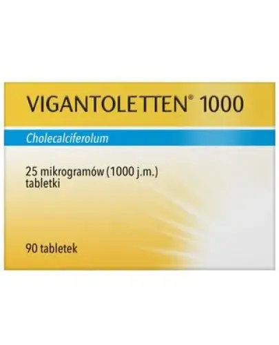 Vigantoletten 1000, 90 tabletek - 1 tabletka zawiera 25 mikrogramów cholekalcyferolu równoważnego 1000 j.m. witaminy D.