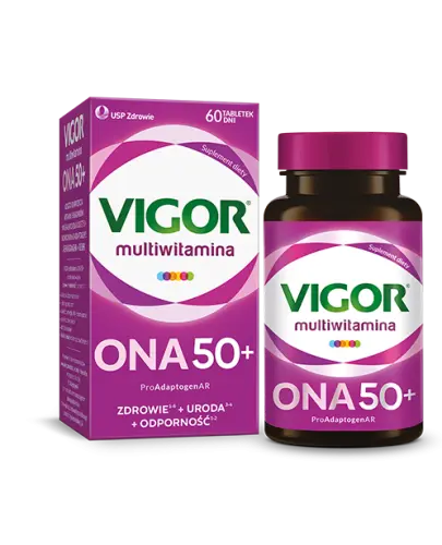 Vigor Ona 50+, tabletki 60 sztuk - Kompozycja witamin i minerałów dla kobiet powyżej 50. roku życia wzbogacona ekstraktami z żeń-szenia