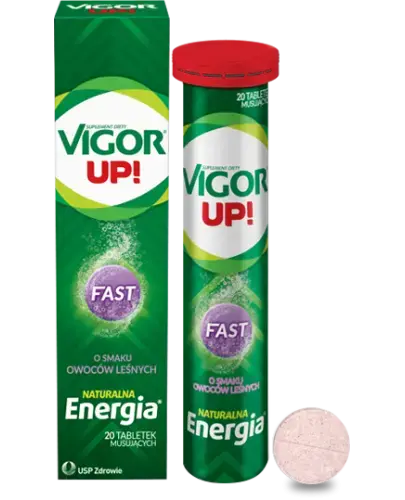 Vigor Up! Fast, Energia, owoce leśne, 20 tabletek musujących  - Witaminy z guaraną, żeń-szeniem oraz kofeiną