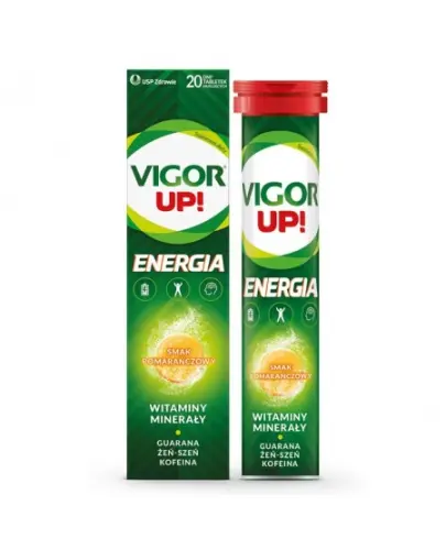 Vigor Up! Energia, smak pomarańczowy, 20 tabletek musujących  - Z ekstraktami guarany, żeń-szenia, oraz kofeiną i zestawem minerałów i witamin