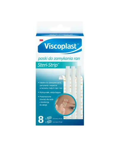 Viscoplast Steri-Strip, paski do zamykania ran, białe 8 sztuk - Przeznaczone do zabezpieczania, zamykania i opatrywania drobnych skaleczeń i ran