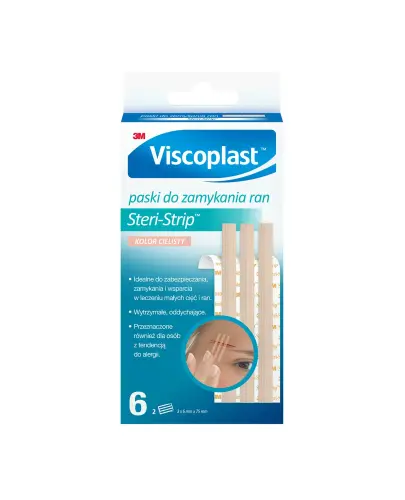 Viscoplast Steri-Strip, plaster do zamykania ran, 6 mm x 75 mm, 6 sztuk - Przeznaczone do zabezpieczania, zamykania i opatrywania drobnych skaleczeń i ran