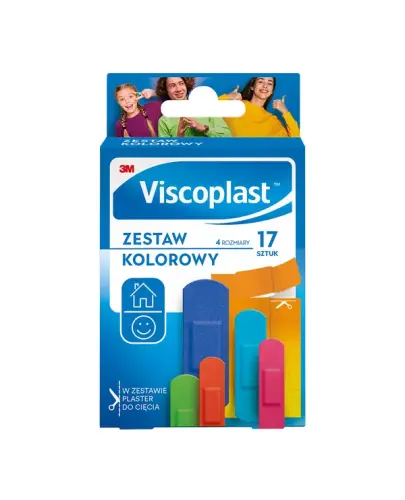 Viscoplast Zestaw Kolorowy, plastry z opatrunkiem, 17 sztuk - Wysoce przepuszczające powietrze z opatrunkiem nieprzywierającym do rany