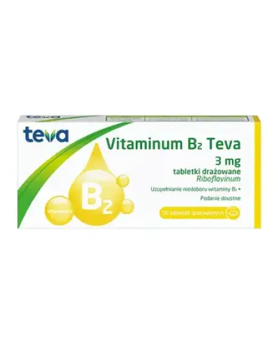 Vitaminum B2 Teva 3 mg, 50 tabletek drażowanych - Riboflavinum (Vitaminum B2) 3 mg, tabletki drażowane.