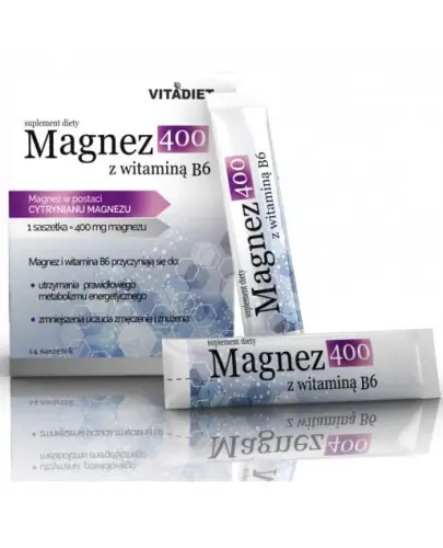 Vitadiet Magnez 400 z witaminą B6, 14 saszetek - Magnez w postaci cytrynianu magnezu