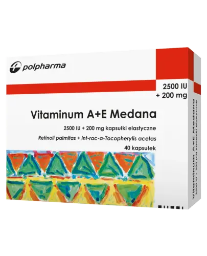 Vitaminum A + E Medana, 40 kapsułek elastycznych - 1 kapsułka zawiera 2500 IU Retinoli palmitas i 200 mg int-rac-α-Tocopherylis acetas