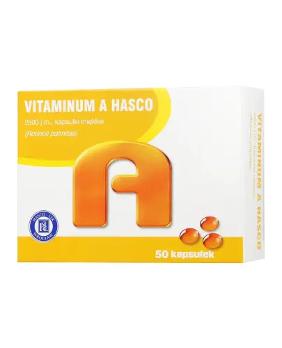 Vitaminum A Hasco, 50 kapsułek - Retynolu palmitynian stabilizowany tokoferolem 2500 j.m., kapsułki miękkie.