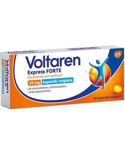 Voltaren Express Forte 25 mg, 10 kapsułek miękkich - Jedna kapsułka miękka zawiera 25 mg diklofenaku potasowego (Diclofenacum kalicum)