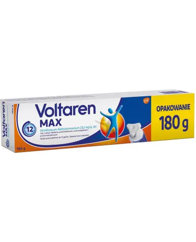 Voltaren MAX, 180 g - 1 gram produktu Voltaren MAX zawiera 23,2 mg diklofenaku dietyloamoniowego (Diclofenacum diethylammonium), co odpowiada 20 mg diklofenaku sodowego