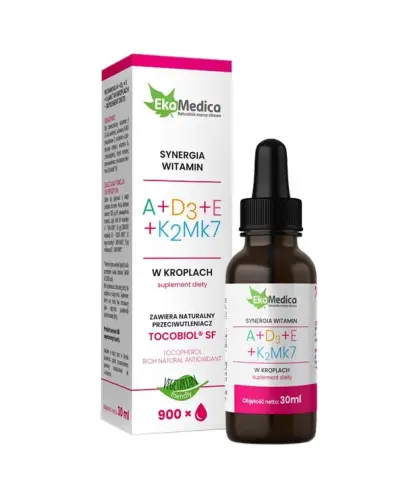 EkaMedica Synergia witamin A + D3 + E + K2MK7, krople, 30 ml  - Suplement diety w kroplach z naturalnym  przeciwutleniaczem TOCOBIOL SF