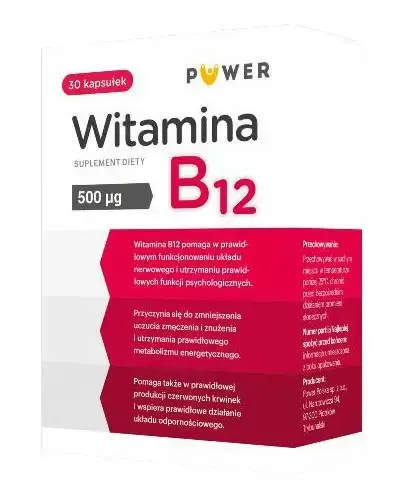 Puwer Witamina B12 500 µg, 30 kapsułek - Wspiera prawidłowe funkcjonowanie układu nerwowego i krwiotwórczego