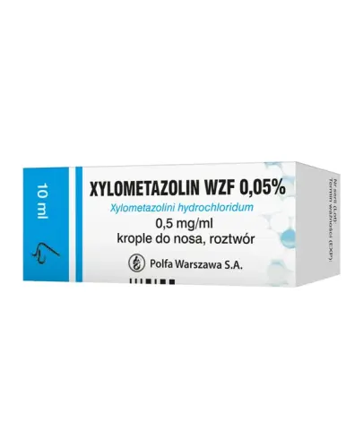 Xylometazolin WZF 0,05% krople do nosa, 10 ml - Krople do nosa na błonę śluzową nosa zmniejsza jej obrzęk i przekrwienie, zmniejsza ilość wydzieliny oraz ułatwia jej odpływ z zatok