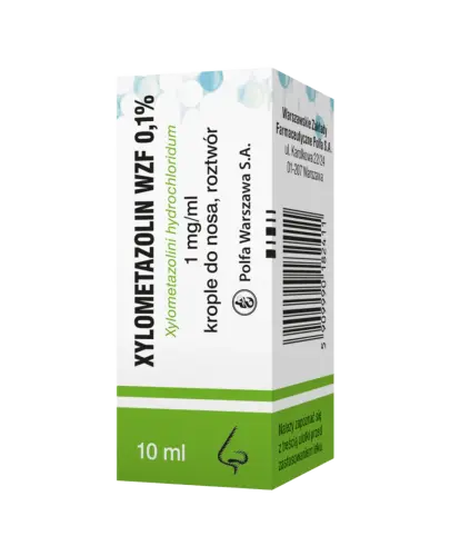 Xylometazolin WZF 0,1% krople do nosa, 10 ml - Krople do nosa na błonę śluzową nosa zmniejsza jej obrzęk i przekrwienie, zmniejsza ilość wydzieliny oraz ułatwia jej odpływ z zatok