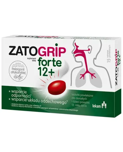 Zatogrip Forte 12+, 15 tabletek powlekanych - Z pelargonią afrykańską i pierwiosnkiem lekarskim, które wspierają funkcjonowanie dróg oddechowych