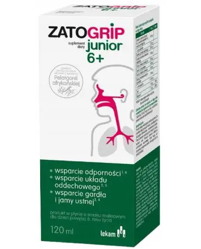 Zatogrip Junior 6+ syrop 120 ml - Suplement diety z wyciągami roślinnymi, witaminą D i cynkiem.