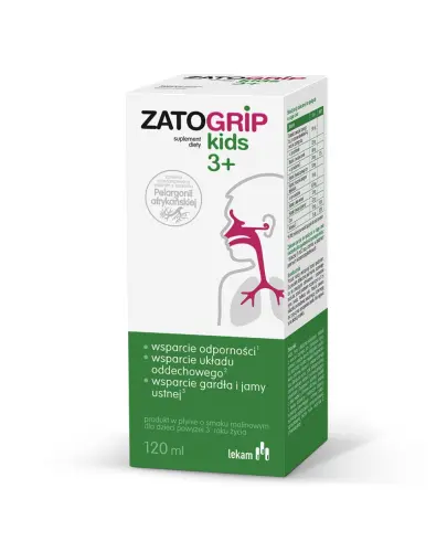 Zatogrip Kids 3+, smak malinowy, syrop 120 ml  - Z ekstraktami roślinnymi, które wspomagają funkcjonowanie układu odpornościowego