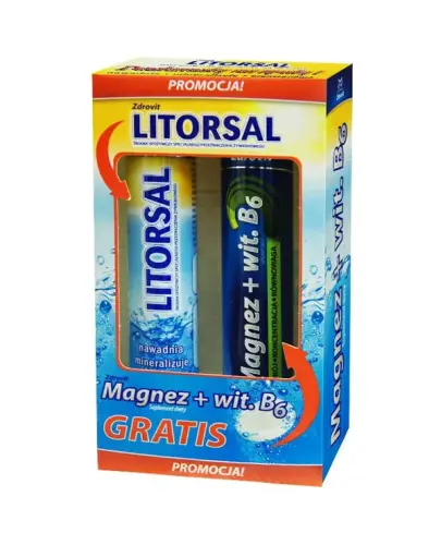 Zdrovit Litorsal, 24 tabletki musujące +  Magnez + wit.B6, 24 tabletki musujące - Zestaw tabletek musujących z elektrolitami i magnezem.