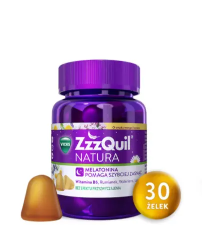 ZzzQuil Natura żelki o smaku mango i banana, 30 sztuk - Suplement diety z ekstraktami roślinnymi, melatoniną i witaminą B6